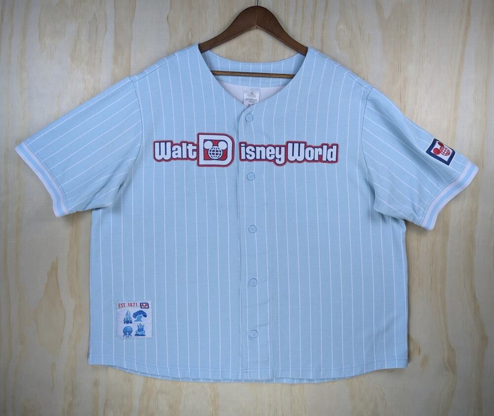 Disney Men's XL Walt Disney World Baseball Jersey Light Blue Pinstripe Parks